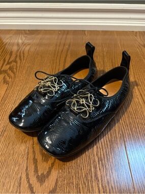 Loewe Black Patent Leather Lace-Up Loafers with Gold Anagram